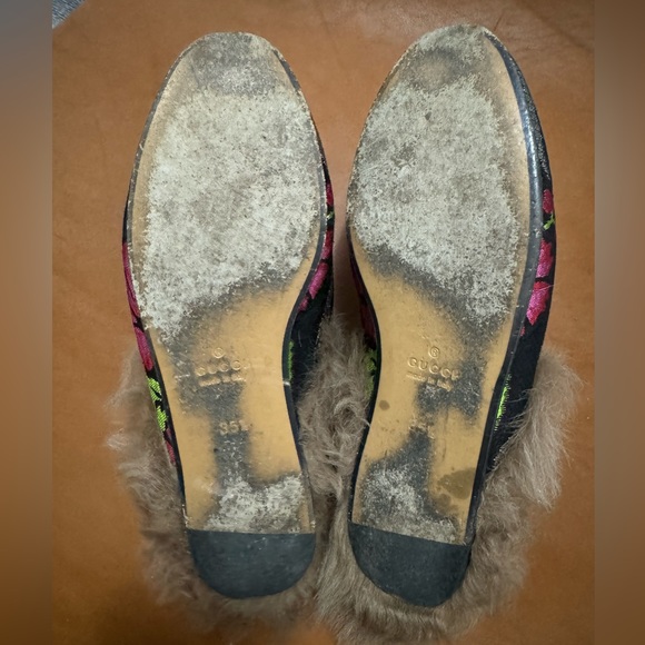 Authentic Gucci Tapestry Brocade Fur Floral Princetown Slides Mules - Picture 8 of 10
